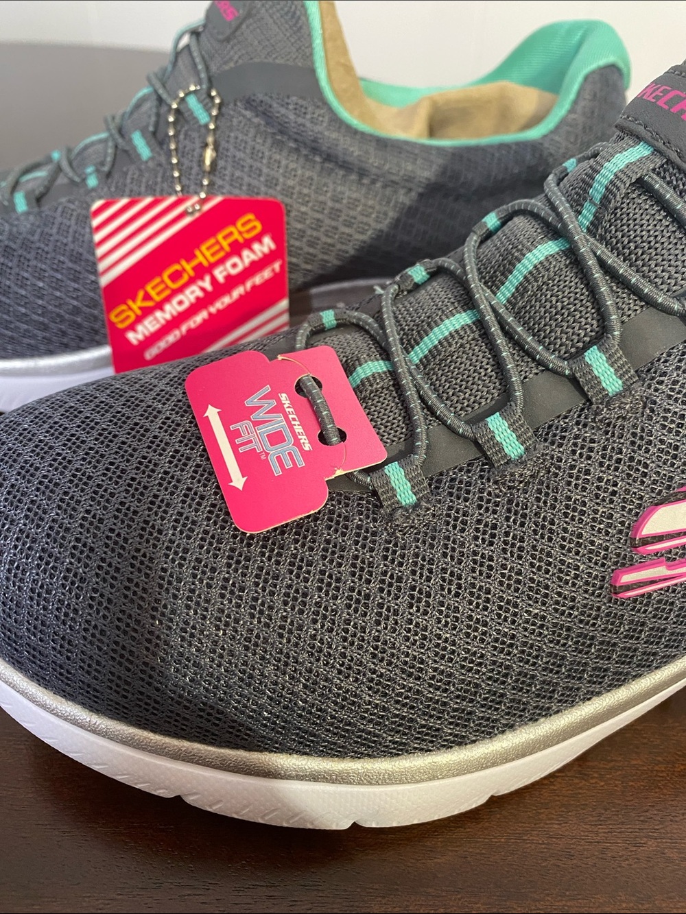 Skechers Gray Slip-On Athletic Shoes with Teal & Pink Accents 8.5 wide - Picture 2 of 5